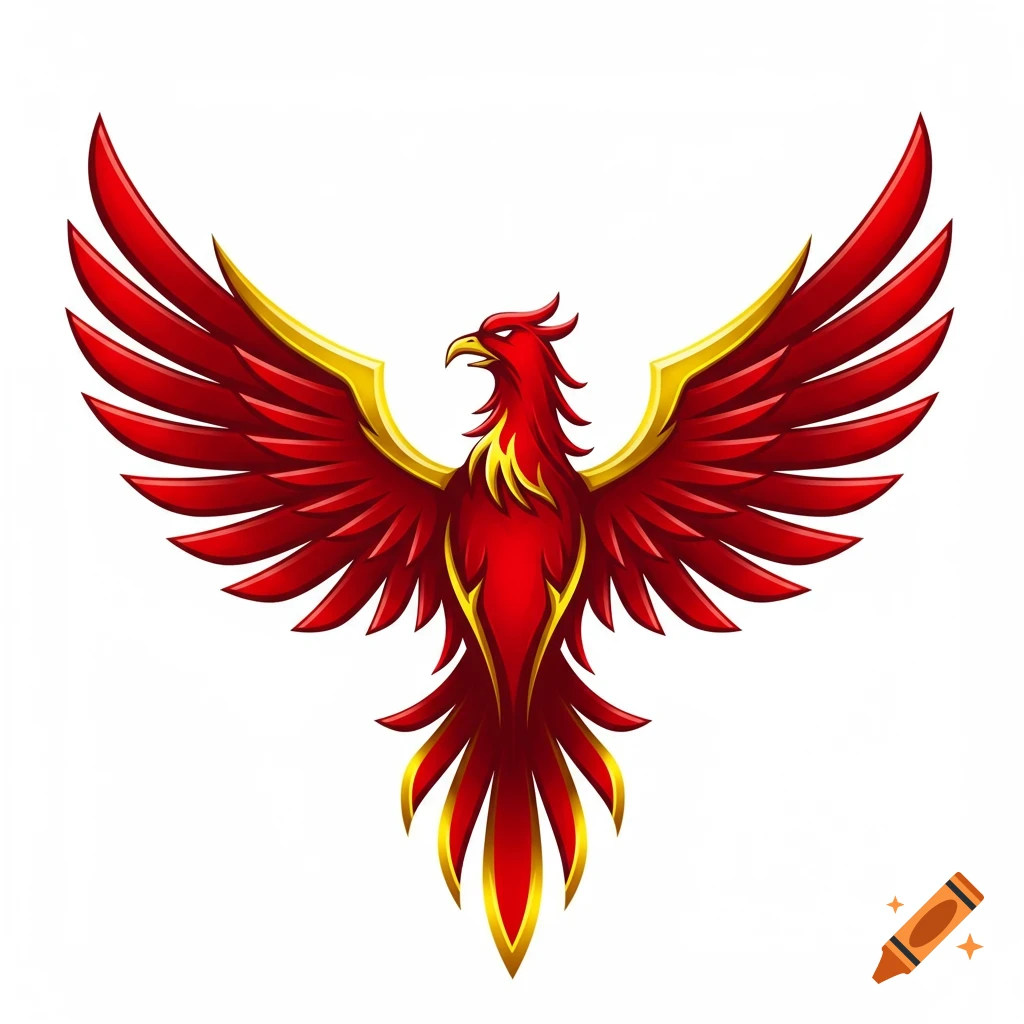 Stylized red and gold phoenix with outstretched wings, resembling a logo or clip art.