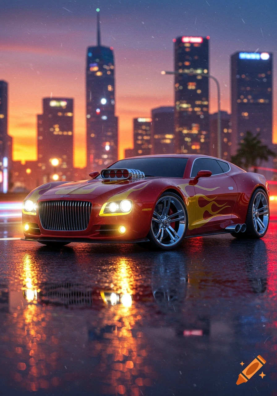 A red stylized sports car with yellow flame decals on a wet city street at sunset, with blurred skyscrapers in the background.