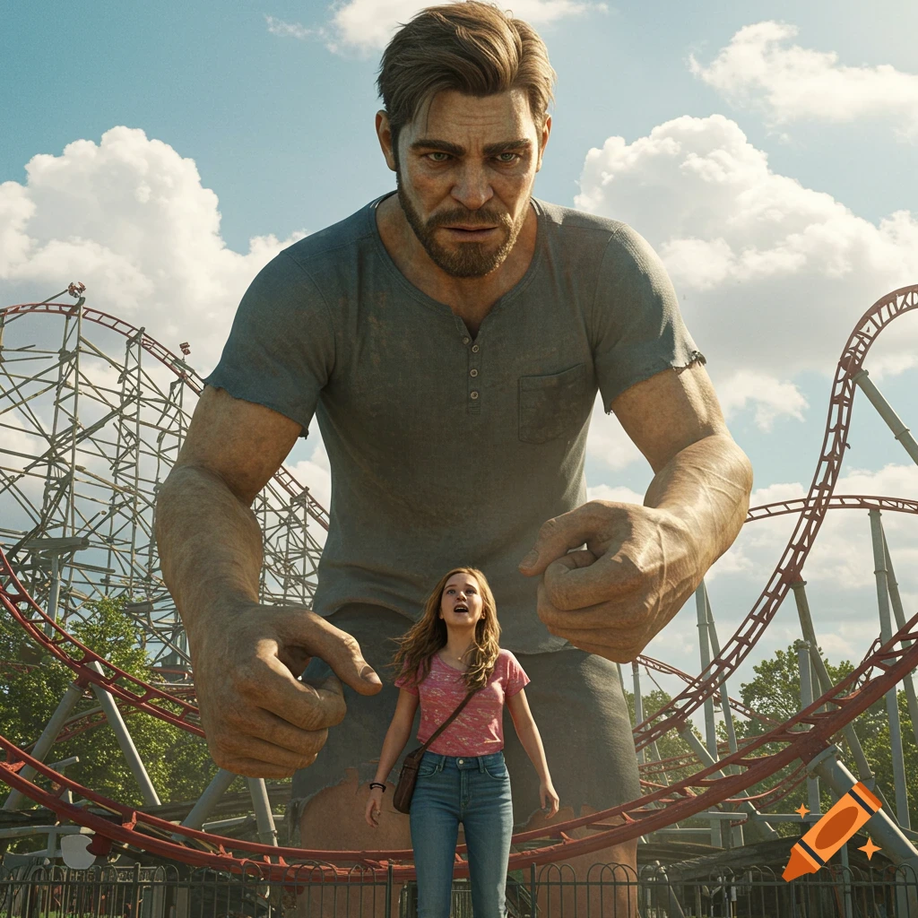 Photorealistic image of a giant man looking down at a teenage girl standing near a roller coaster.