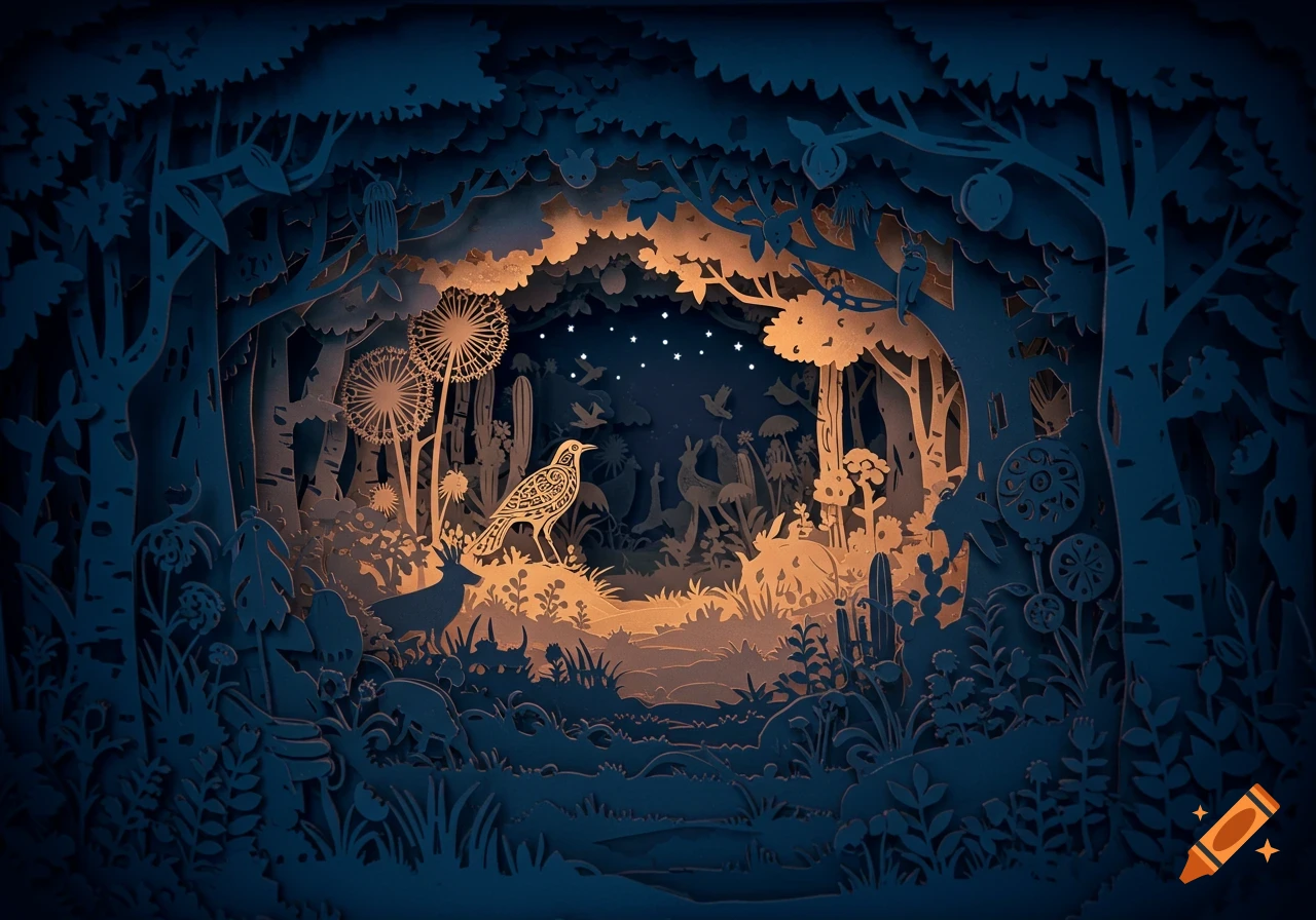 Layered paper-cut forest scene at night with a large patterned bird, deer, and other animals under a starry sky.