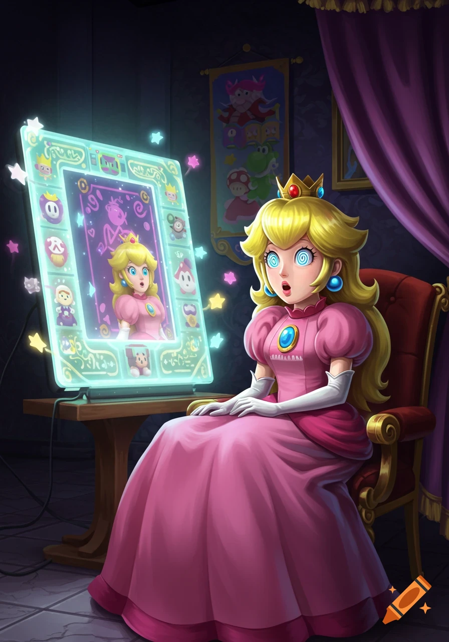 Princess Peach with swirling eyes stares at a glowing screen displaying icons in a dark room.