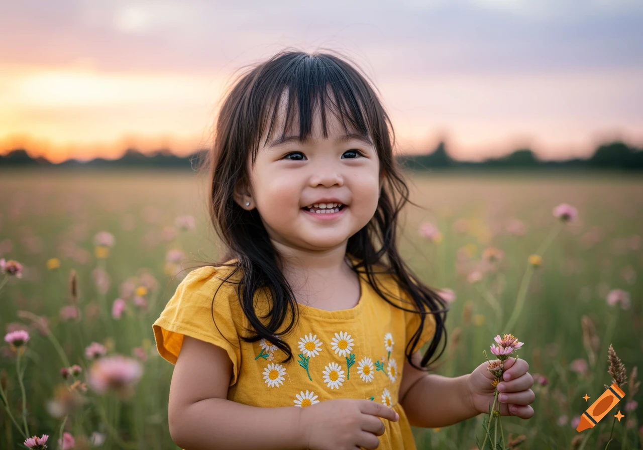 A smiling young girl with dark hair in a yellow dress with daisies, standing in a field of wildflowers at sunset.