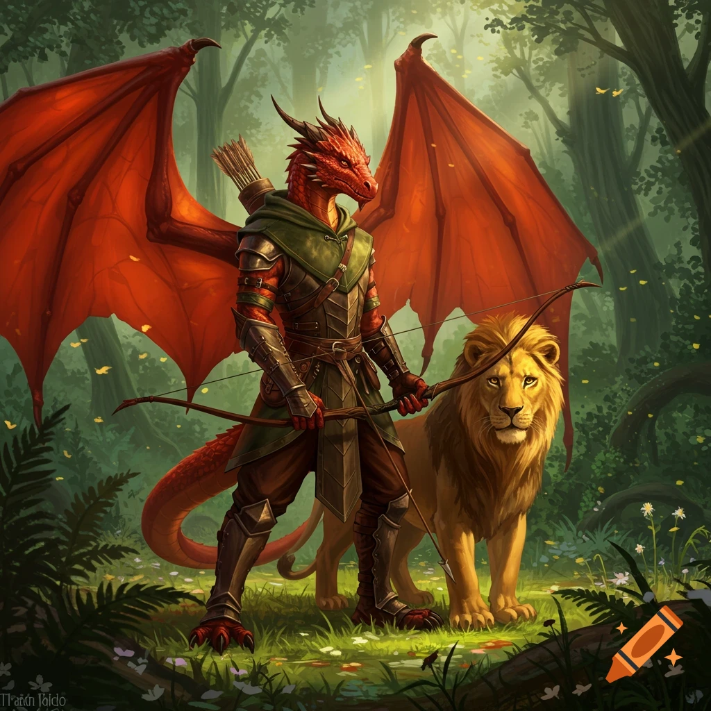 A red Dragonborn ranger, armored and holding a bow, stands in a lush forest with a majestic lion behind them.