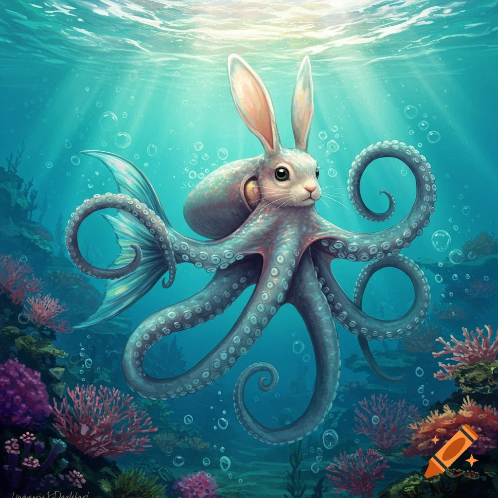 A whimsical rabbit-octopus hybrid creature with a fish tail swims in a sunlit underwater coral reef, digital art.