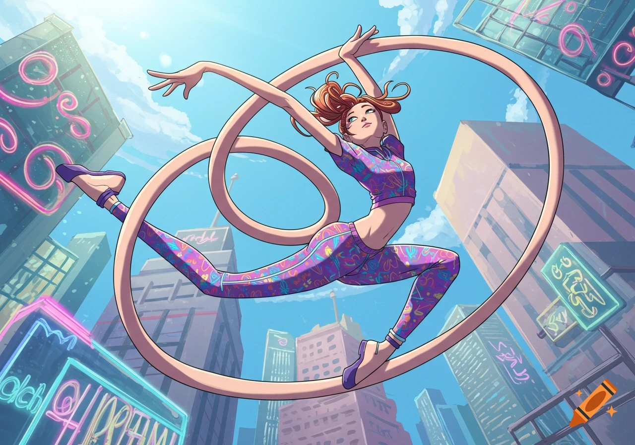 A vibrant cartoon of an elastic girl with red hair, wearing a patterned crop top and leggings, dynamically stretching over a city skyline.
