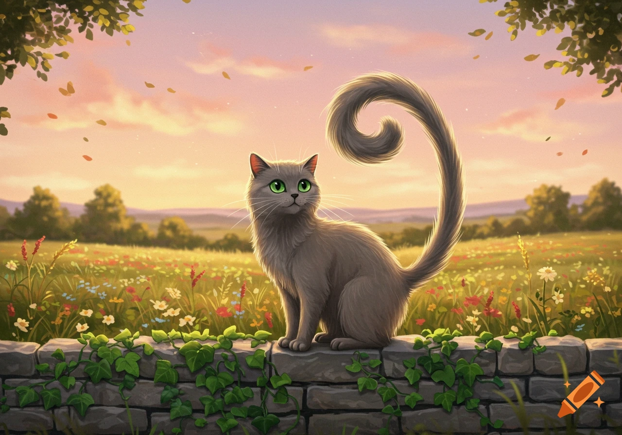 A fluffy grey cat with green eyes and a curly tail sits on a stone wall in a colorful wildflower field at sunset, illustration.