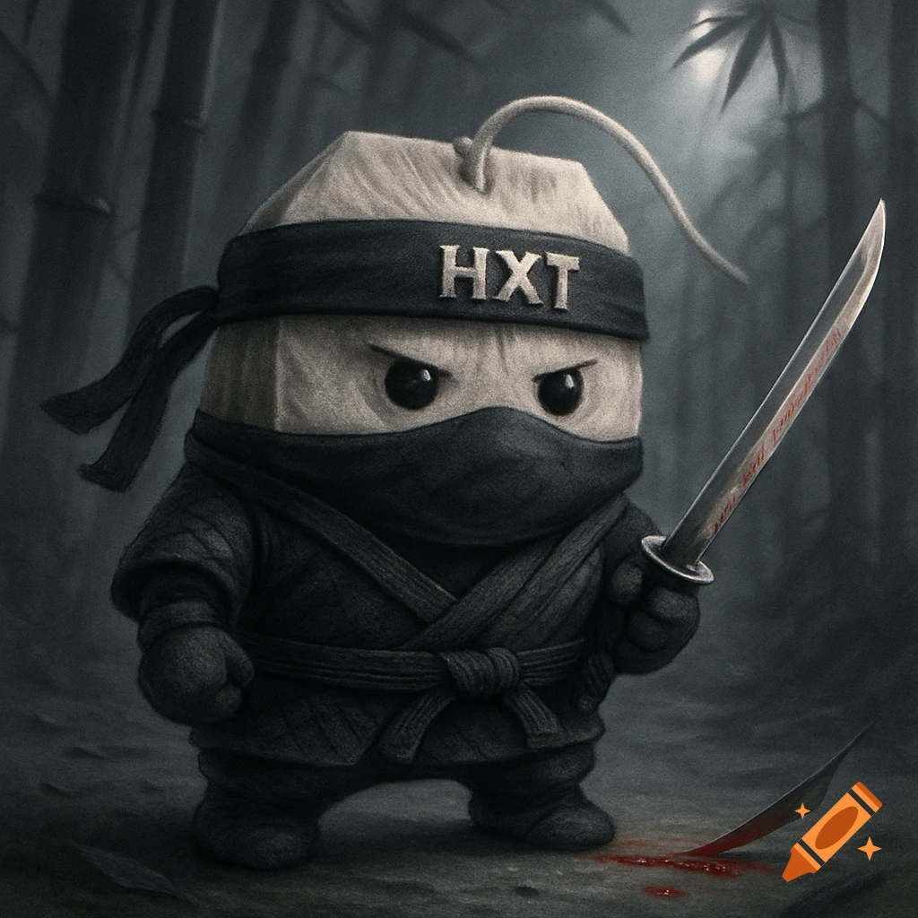 A cute, angry tea bag character dressed as a ninja holds a bloodied katana in a dark bamboo forest. Another broken blade lies on the ground with blood.
