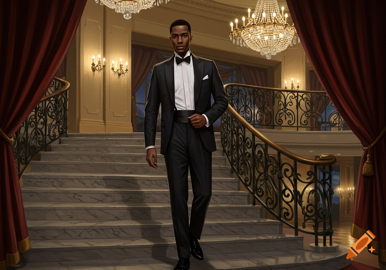 A well-dressed man in a black tuxedo walks down a grand marble staircase in a luxurious hall, chandeliers above, red drapes on the sides.