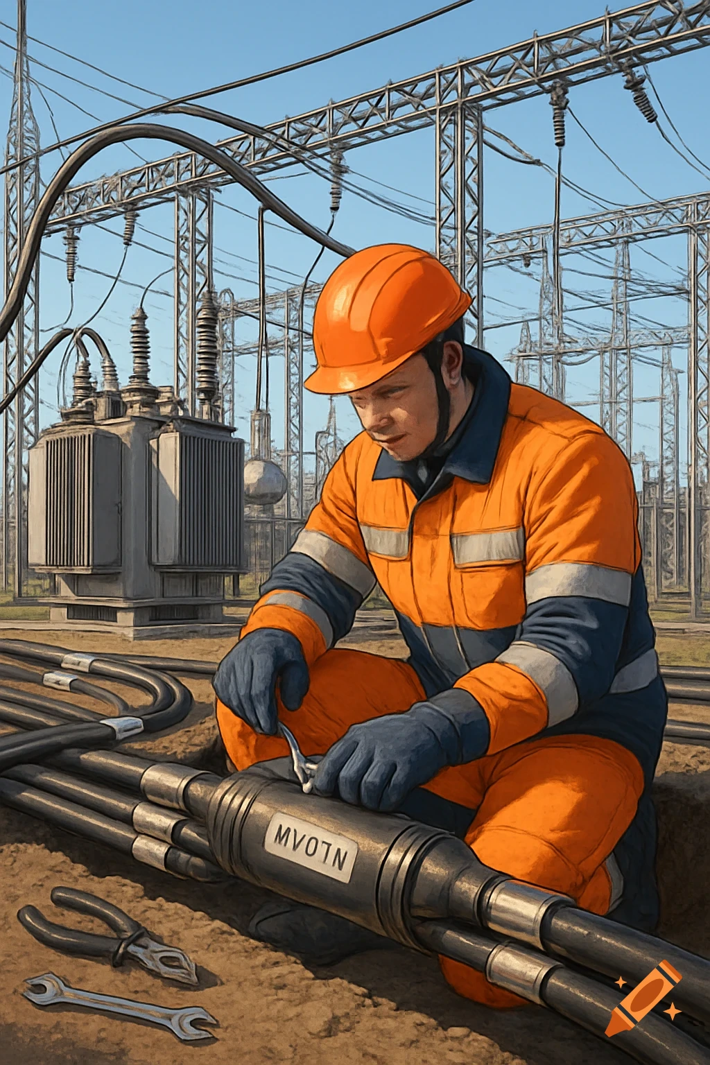 A worker in an orange hard hat and uniform kneels, connecting cables at an electrical substation.
