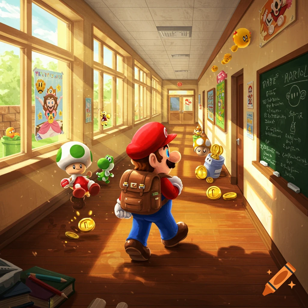 Mario, carrying a backpack, walks down a sunlit school hallway, dropping coins. Other Super Mario characters like Toad and Yoshi are present, with a blackboard showing illegible text.