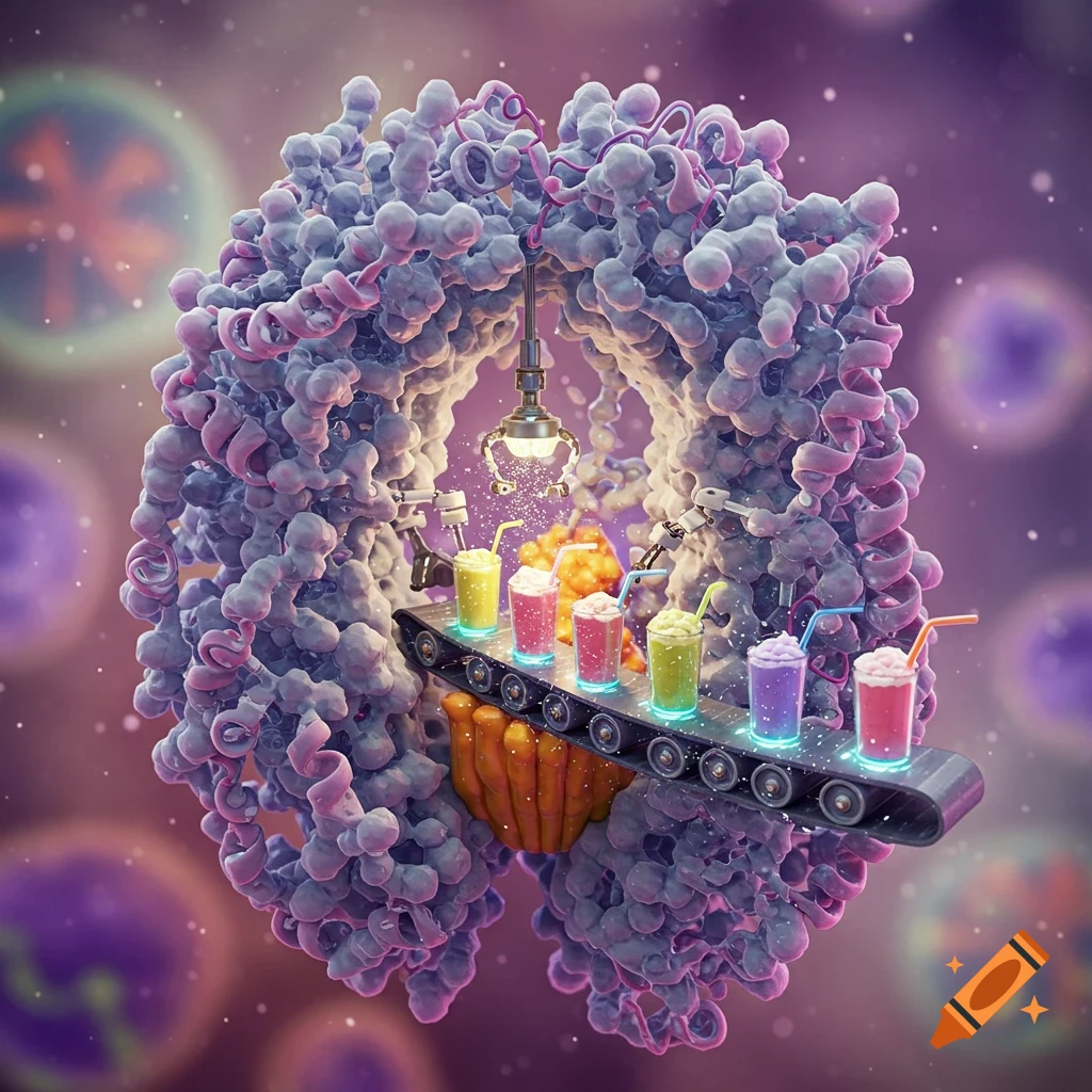 A stylized, purple and pink ribosome functions as a miniature factory, with robotic arms and a conveyor belt producing colorful protein shakes.