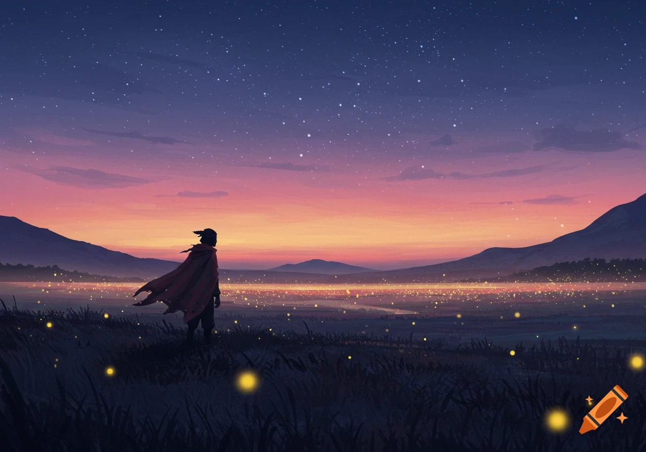 A cloaked figure stands on a dark hill overlooking a luminous city and starry twilight sky in a digital art style.