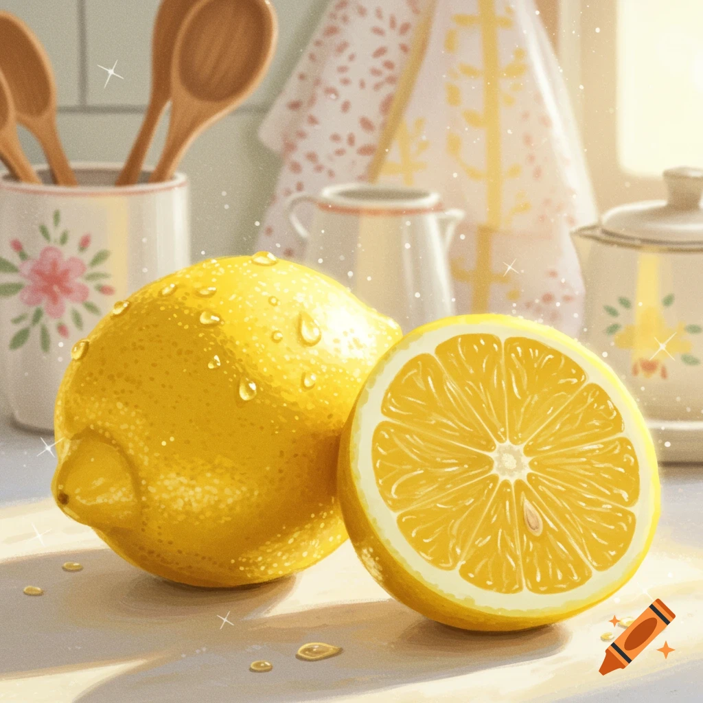A whole lemon with water droplets and a sliced lemon on a sunlit kitchen counter, with kitchenware in the background in a dreamy, illustrative style.
