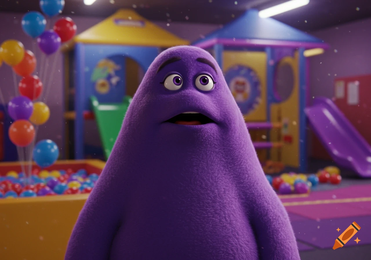 A purple, furry Grimace character looks confused in a colorful indoor play area with balloons and a ball pit, photorealistic CGI.
