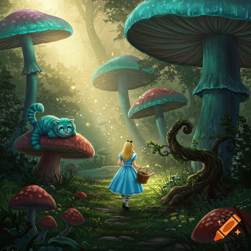 An illustration of Alice in a blue dress walking through a mystical forest with giant mushrooms and the Cheshire Cat.