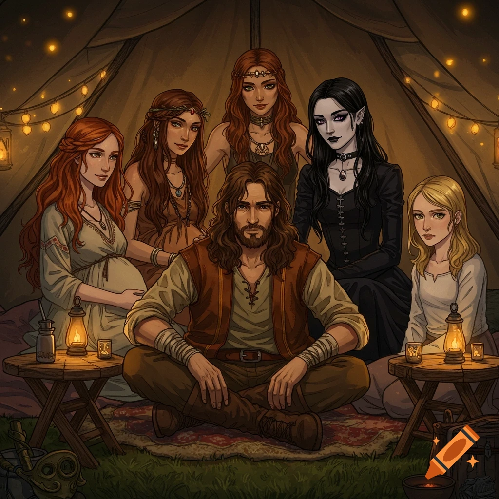 An illustration of a bearded man and five women, including a pregnant woman, a goth, and a blonde girl, sitting in a dimly lit tent with lanterns.