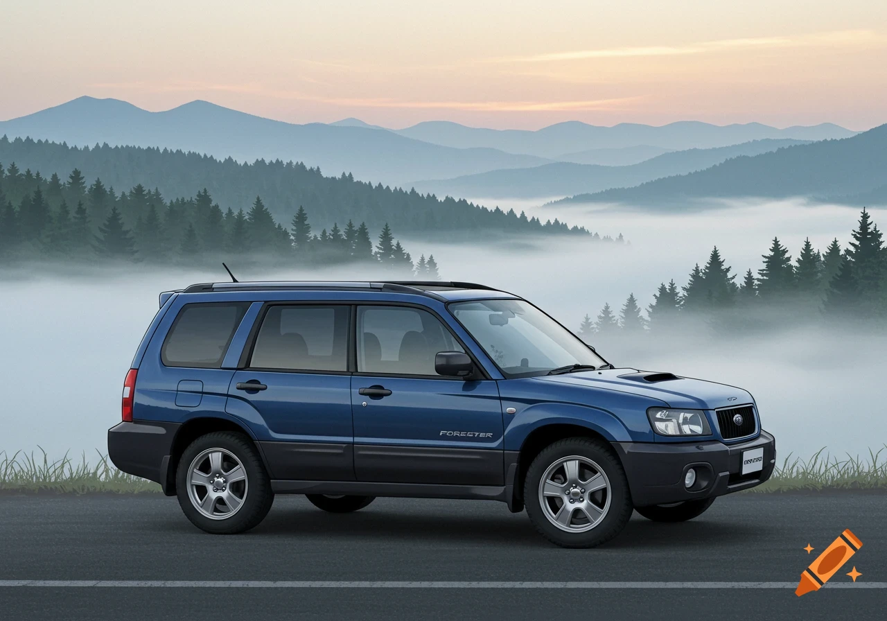 A blue Subaru Forester SUV parked on a road with misty mountains and pine forests in the background at sunset.