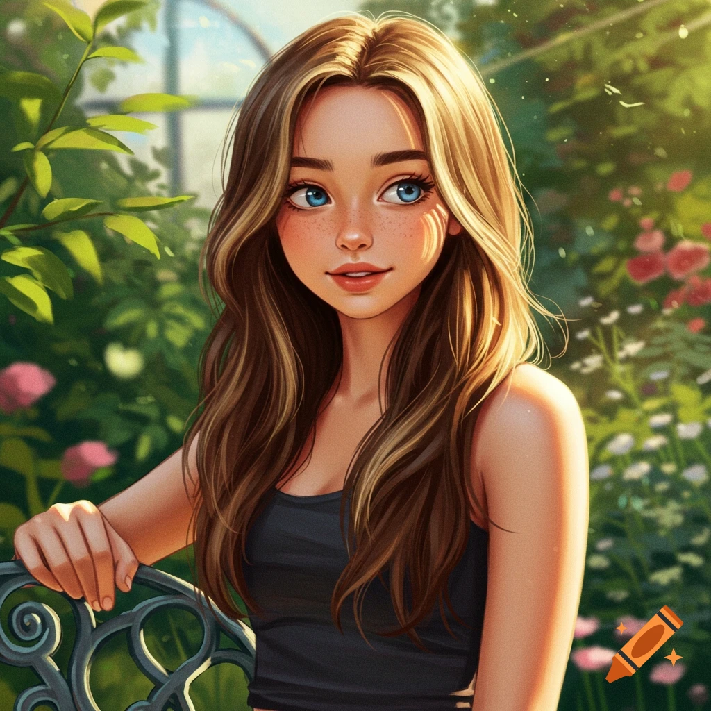 An anime-style portrait of a smiling young woman with brown hair, blonde highlights, and blue eyes, in a sunny garden.