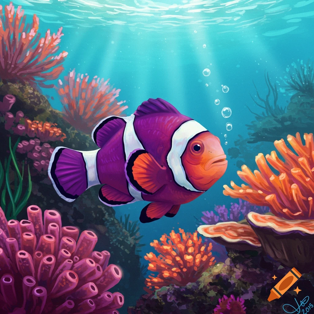 A vibrant purple and orange clownfish swims among colorful coral reefs in a bright underwater illustration.