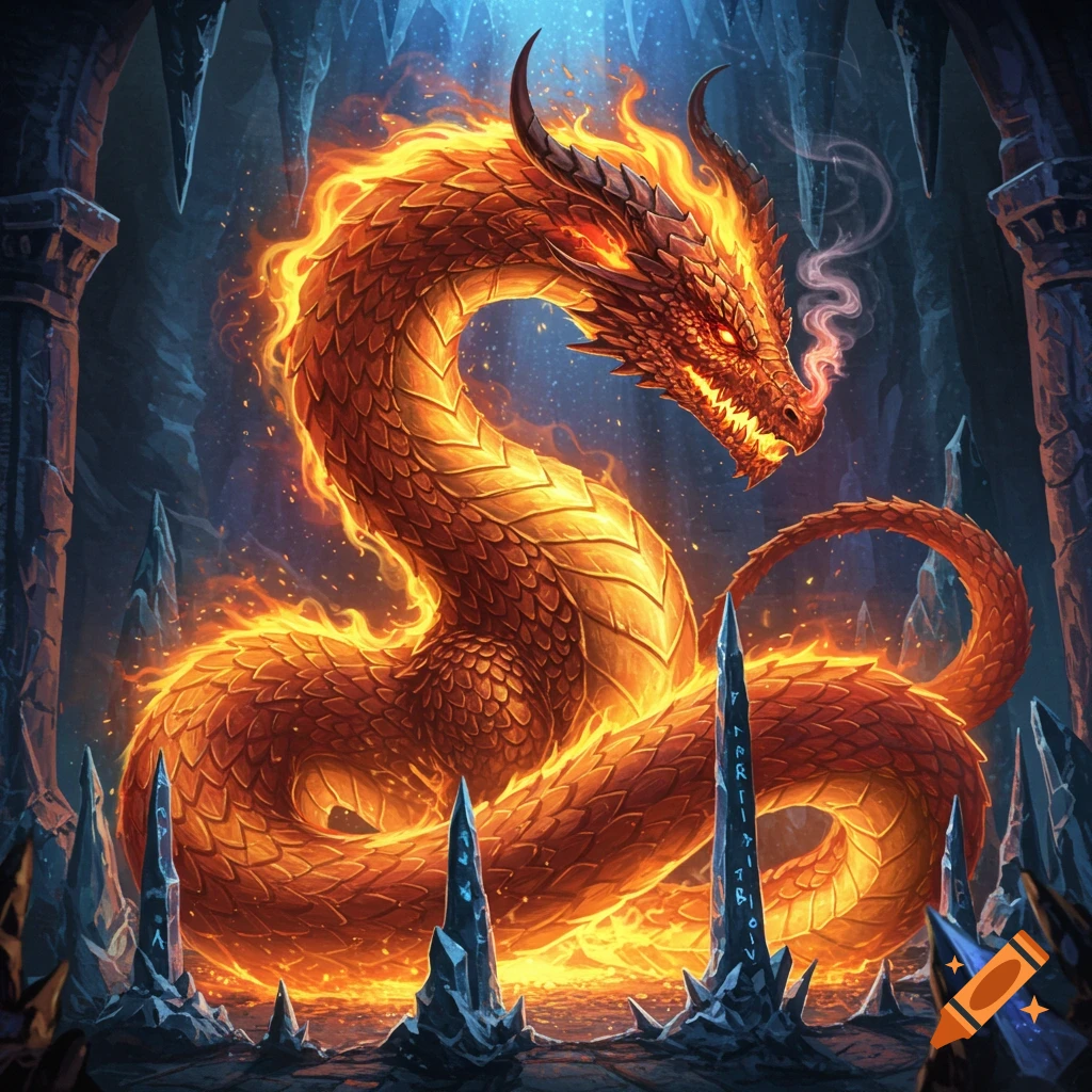 A majestic fiery orange dragon coils in a dark, icy cave with blue crystal-like formations, smoke rising from its snout. Fantasy art style.