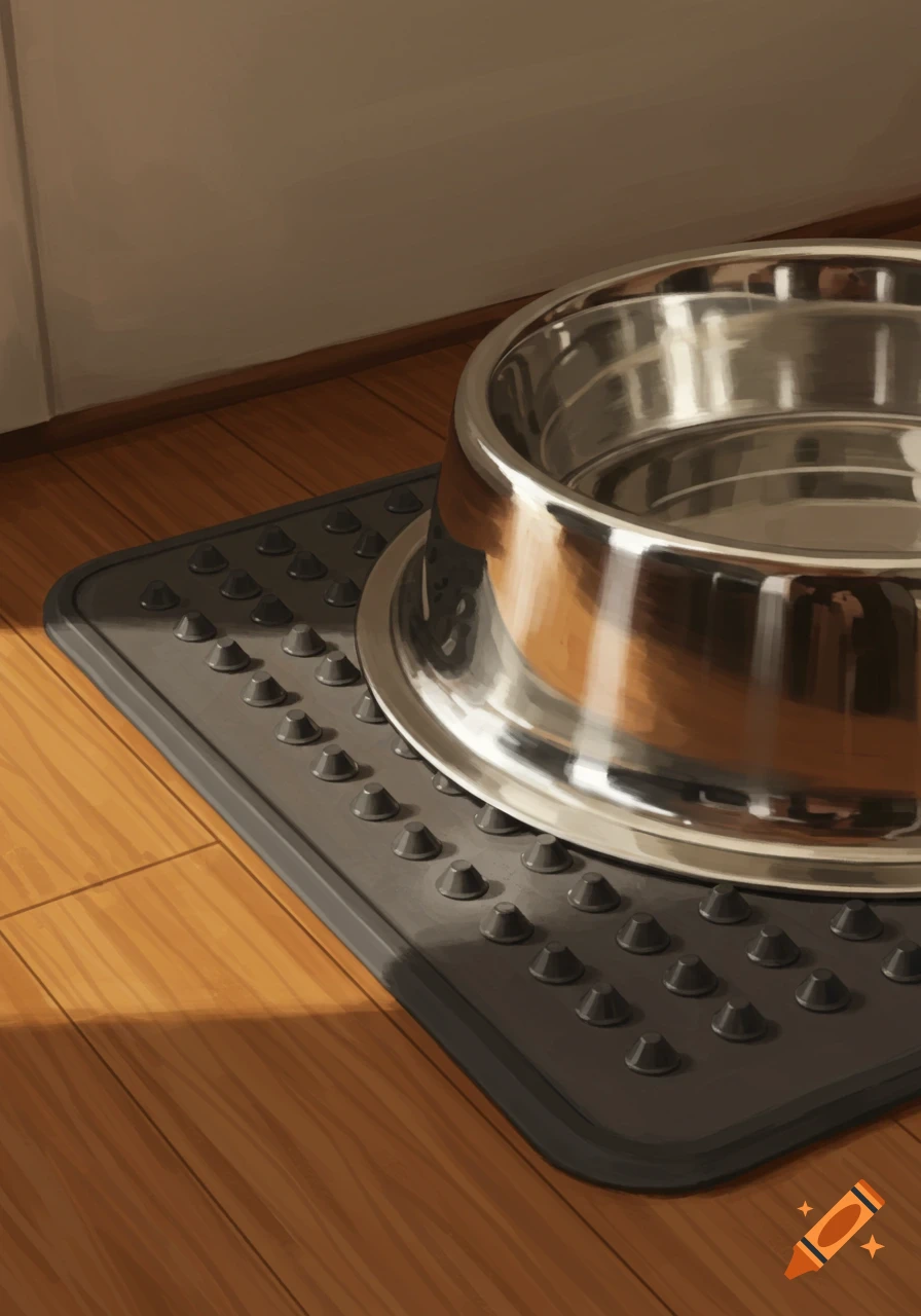 A shiny silver dog bowl sits on a textured dark grey mat on a wooden floor, rendered in an illustrative style.
