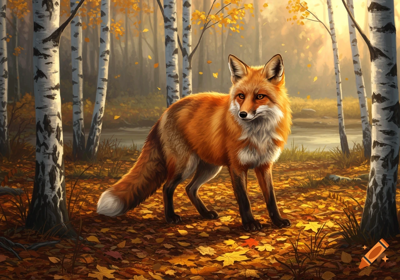 A vibrant red fox stands in an autumn birch forest with golden leaves scattered on the ground.