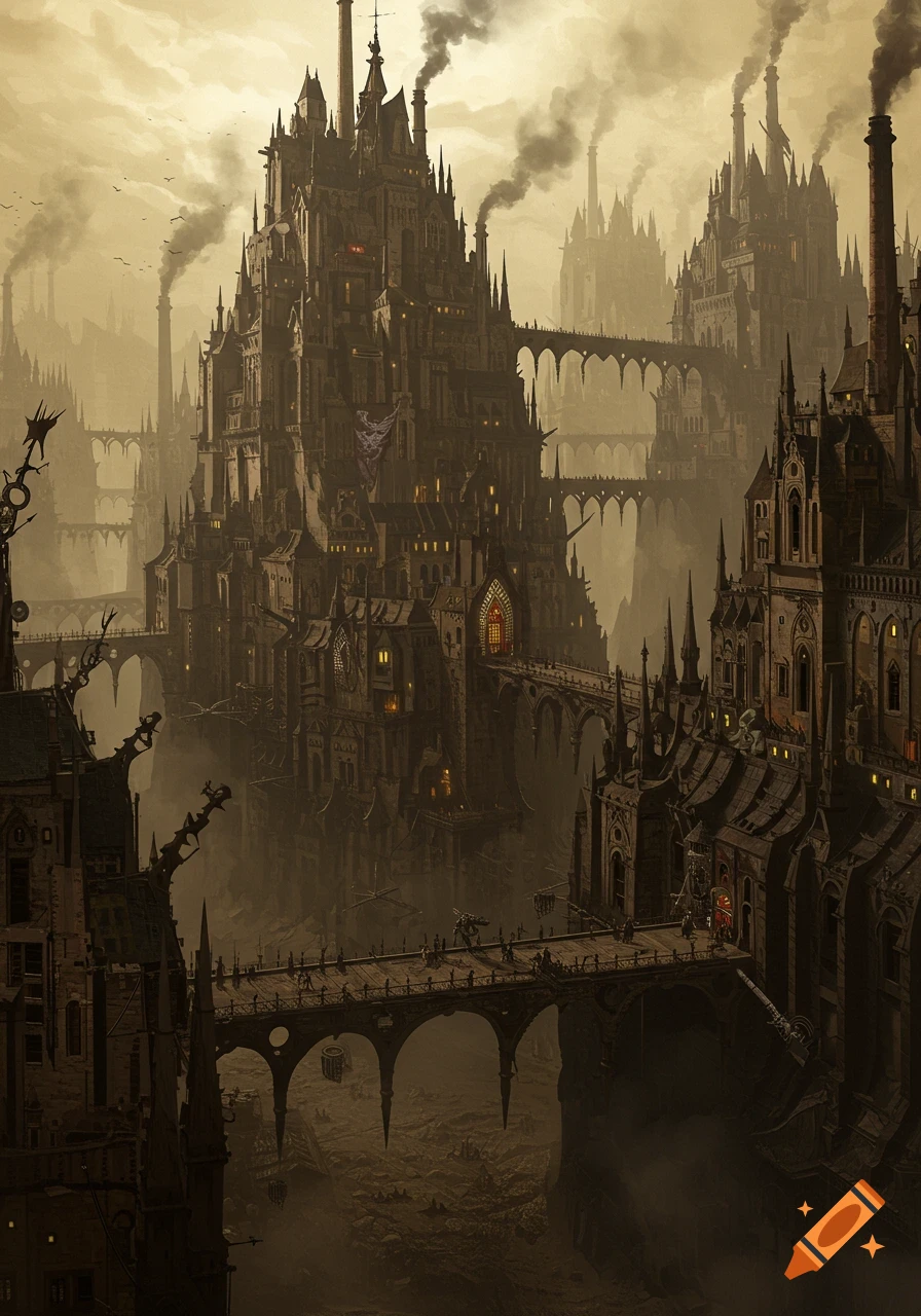 A towering, dark gothic hive city with spires, smoking chimneys, and arched bridges, set under a gloomy sky in a Warhammer style.
