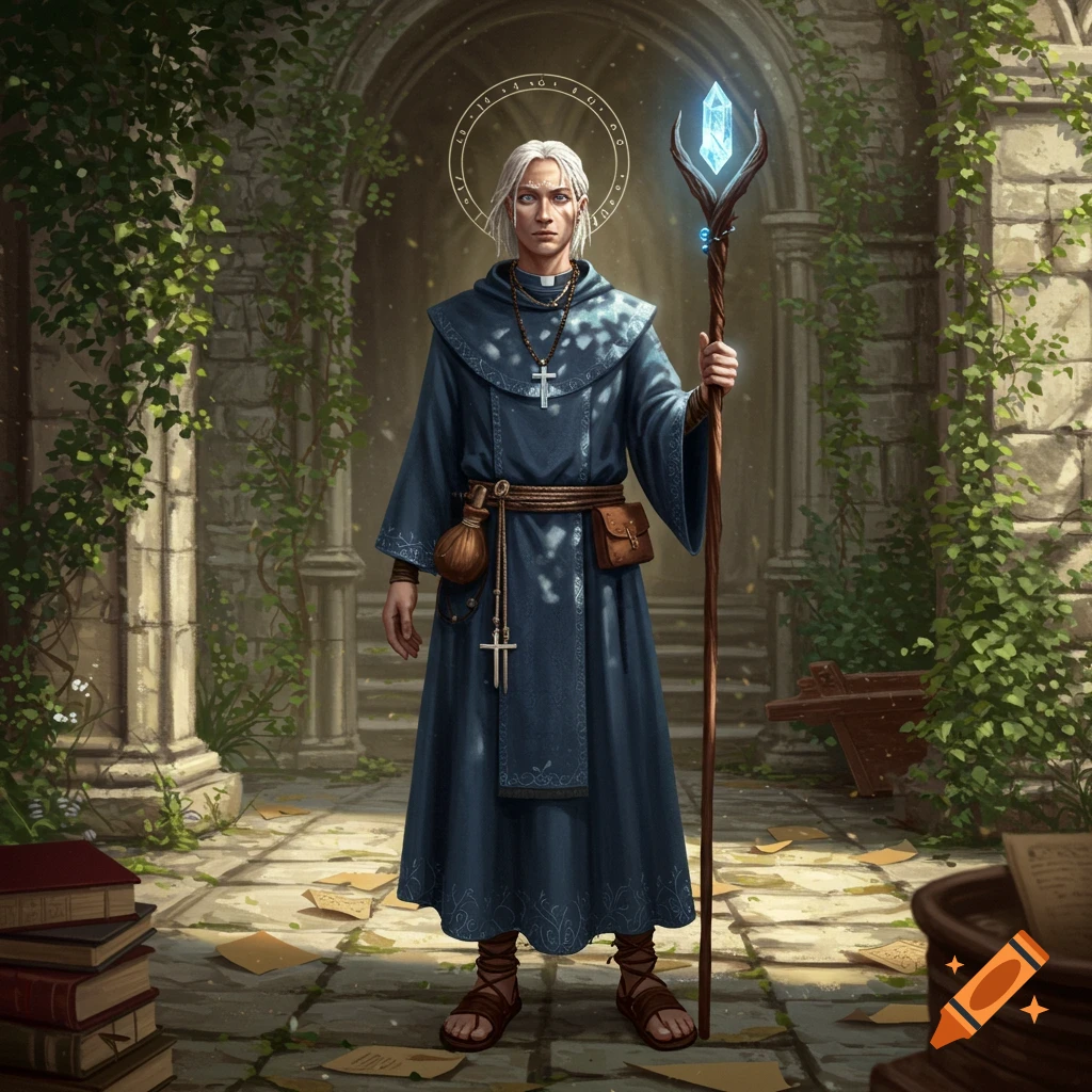 A white-haired man in a blue robe with cross necklaces, holding a glowing staff, stands in ancient ivy-covered ruins.