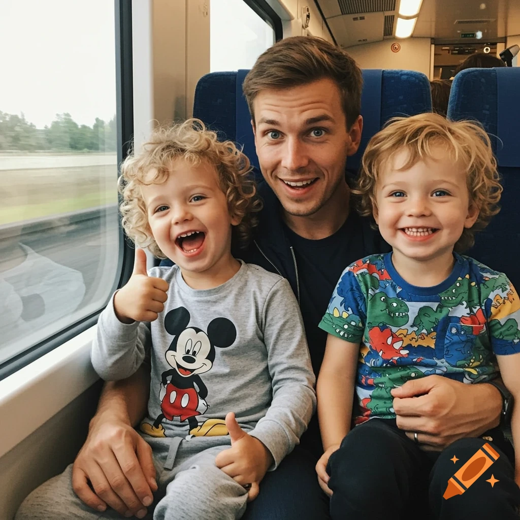 A young man and two smiling boys with curly blonde hair sit on a train. One boy wears a Mickey Mouse shirt and gives a thumbs up; the other wears a dinosaur shirt.