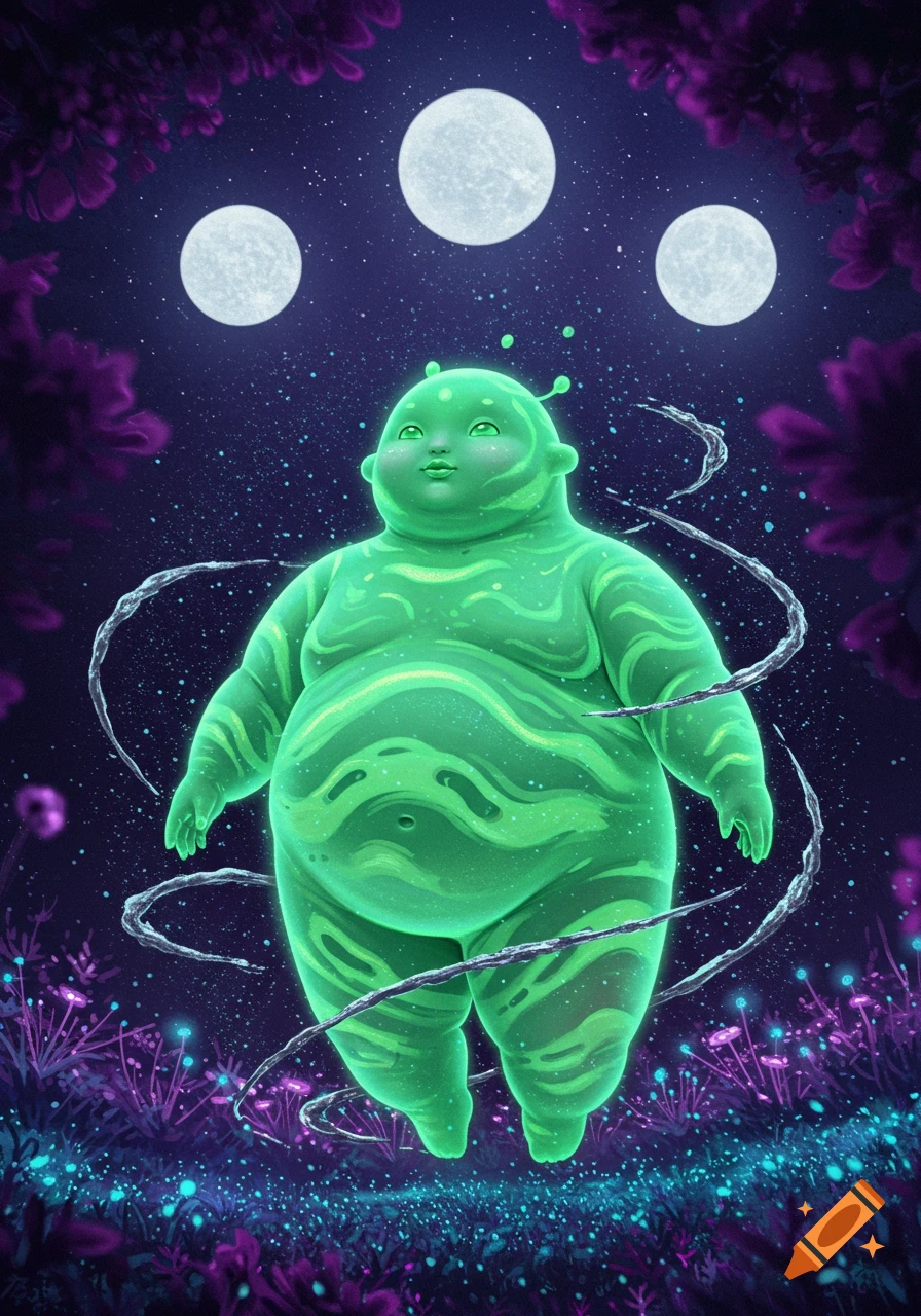 A chubby, round, green alien with patterned skin hovers above glowing purple and blue plants under a starry night sky with three moons.