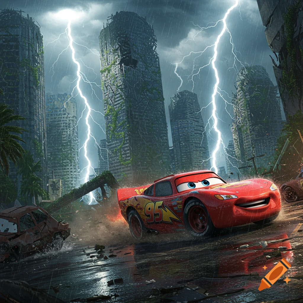 Lightning McQueen speeds through a destroyed, rain-soaked city as lightning strikes around crumbling skyscrapers, photorealistic animated style.
