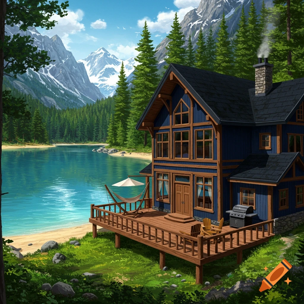 Detailed illustration of a navy blue cabin with a wooden deck by a turquoise lake with a sandy beach, surrounded by a dense forest and snowy mountains.