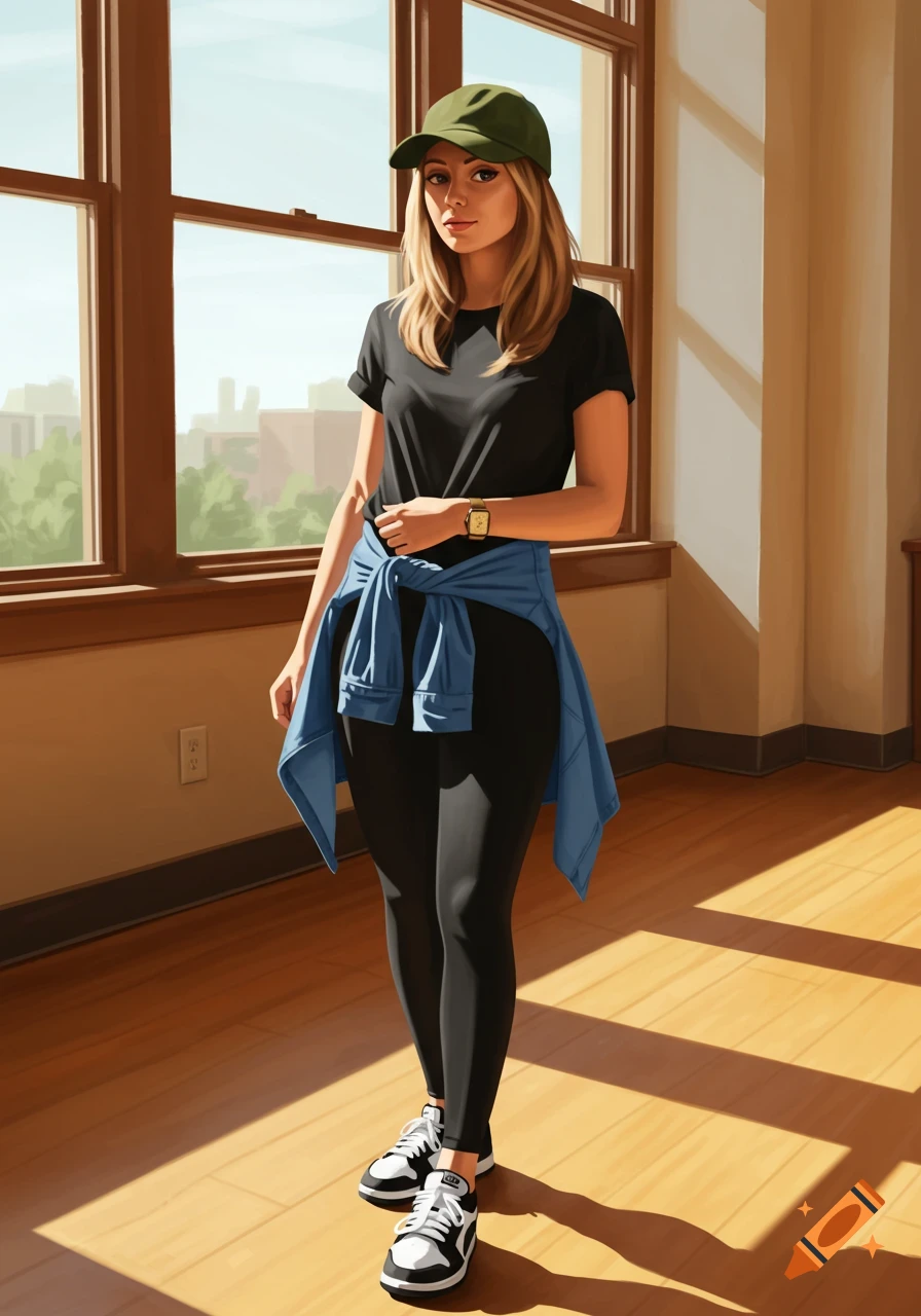 An illustrated woman with blond hair, wearing a black top and leggings, green cap, and blue shirt tied around her waist, stands by a sunlit window.