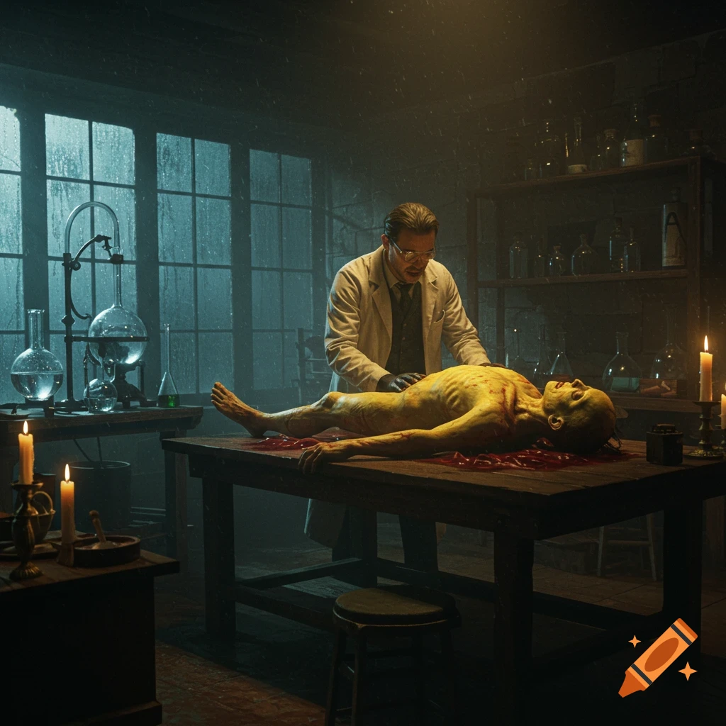 A scientist in a lab coat works on a pale, yellow-skinned creature lying on a wooden table covered in blood, in a dark, atmospheric laboratory during a rainy night.
