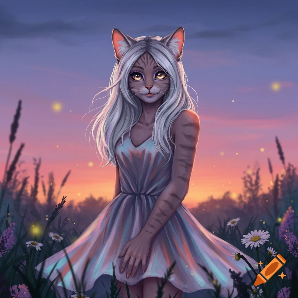 Digital illustration of a cat-girl with white hair and striped arms, wearing a light dress, standing in a field of flowers at sunset.
