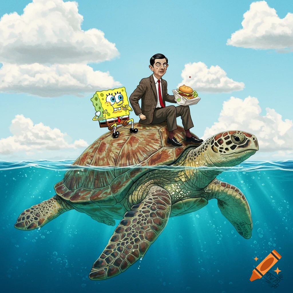 Cartoon illustration of Mr. Bean riding a large sea turtle with SpongeBob SquarePants on his back, under a blue sky.