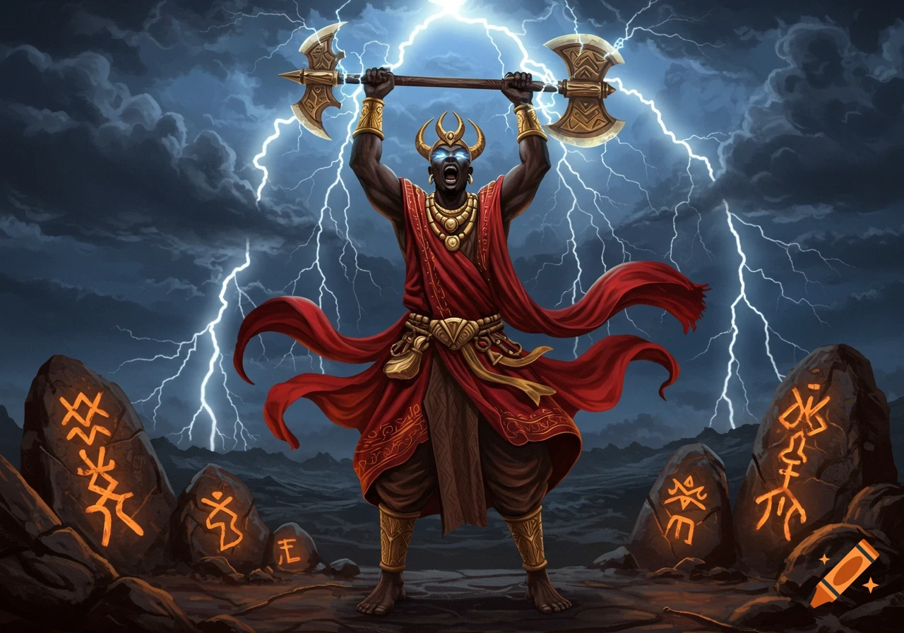 A powerful dark-skinned god-like figure with golden horns and jewelry holds a double-bladed axe overhead, surrounded by lightning and stormy skies. He wears a red robe and stands among rocks with glowing runes.