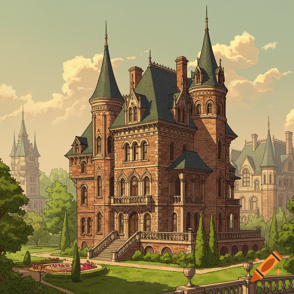 Ornate Victorian-style mansion with turrets and green roofs in a lush garden under a cloudy sky, in an illustrative style.