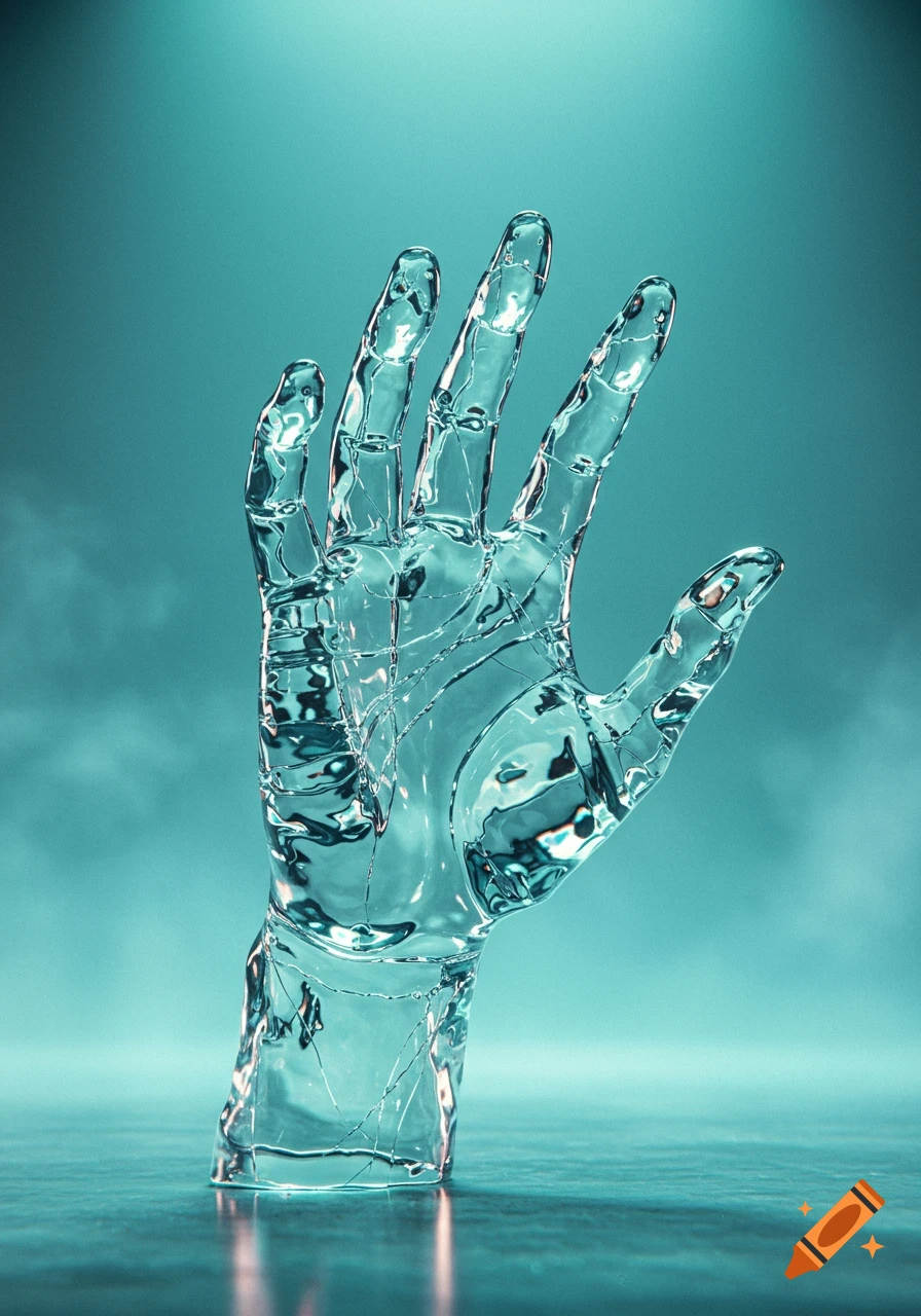 A translucent hand made of cracked glass stands upright on a reflective surface against a teal background.