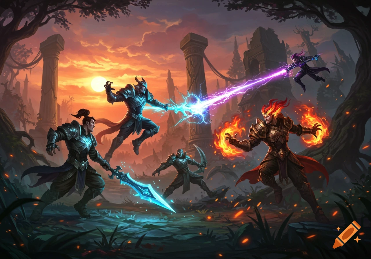 Fantasy warriors battle amidst ancient ruins at sunset, casting spells of lightning, fire, and a purple beam.