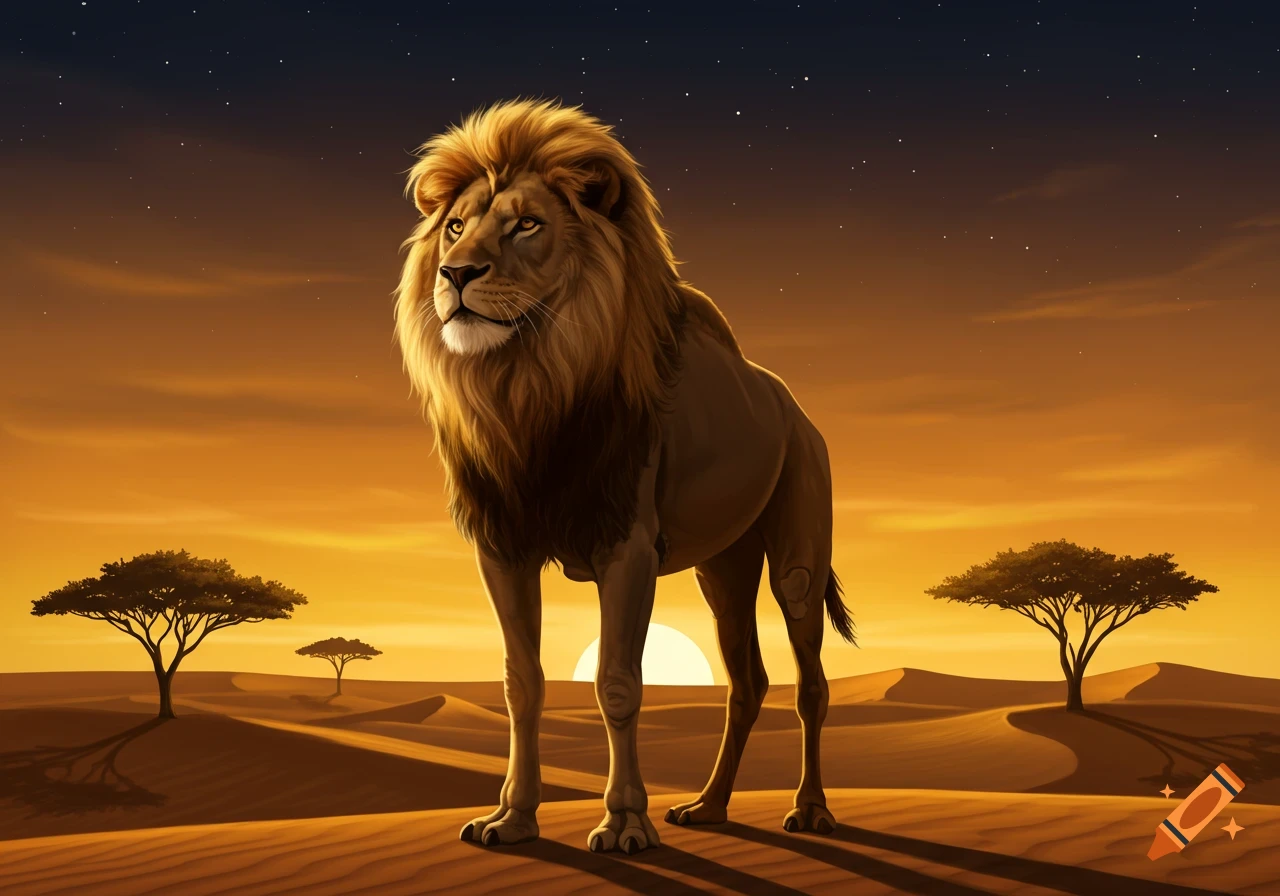 Majestic lion-camel hybrid stands on a sand dune in a desert at sunset, with acacia trees and a starry sky.