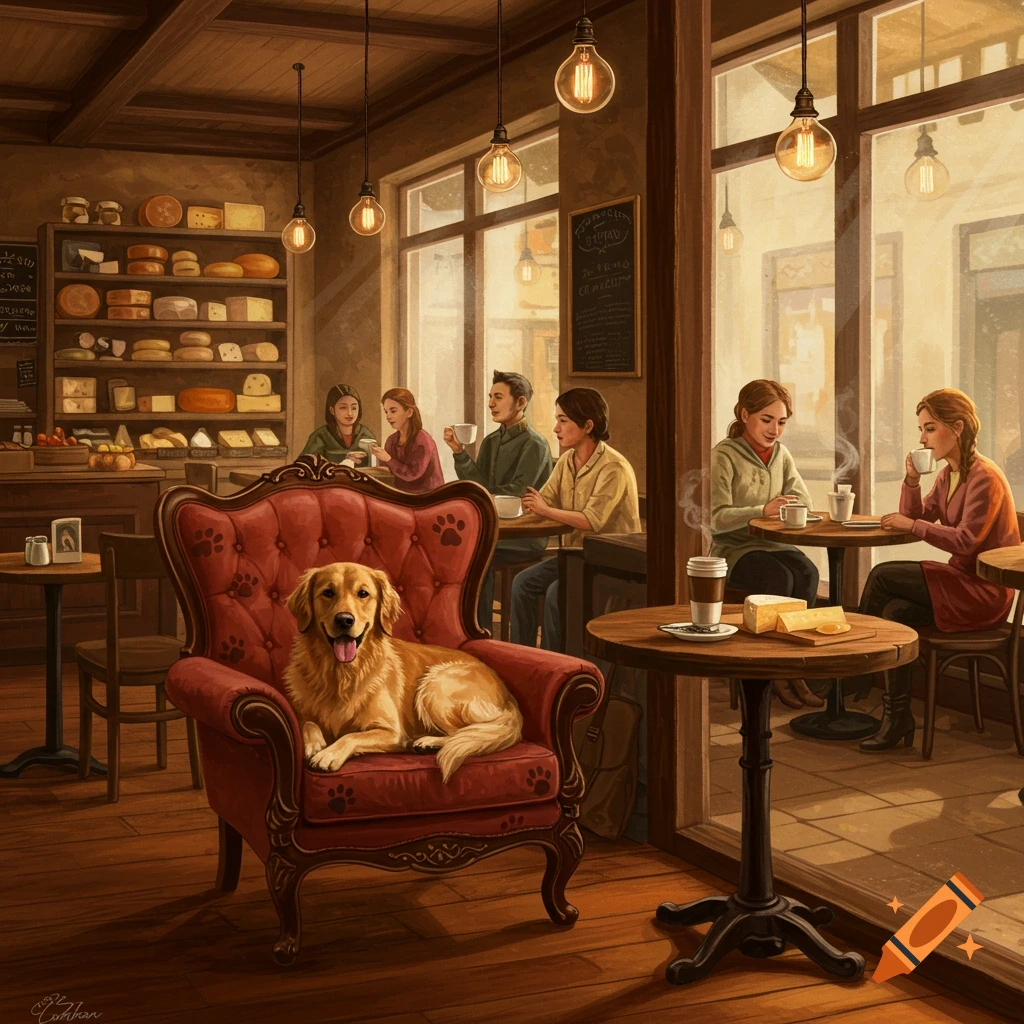 A golden retriever sits in a red armchair in a warm, cozy cafe with people and shelves of cheese in the background.