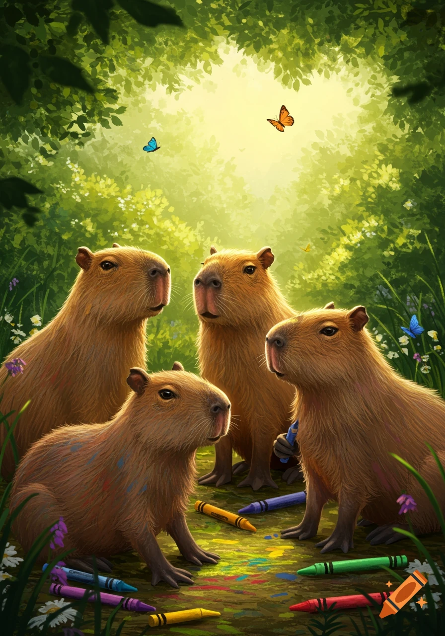 Four capybaras playing with colorful crayons and paint in a sunlit, vibrant forest with butterflies.