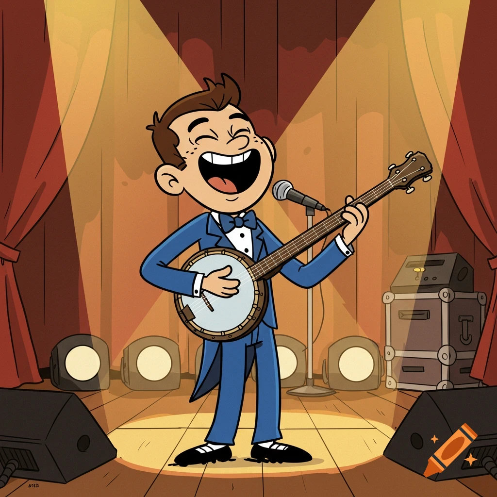 A cartoon man in a blue tuxedo plays a banjo and laughs on a spotlighted stage, in The Loud House art style.