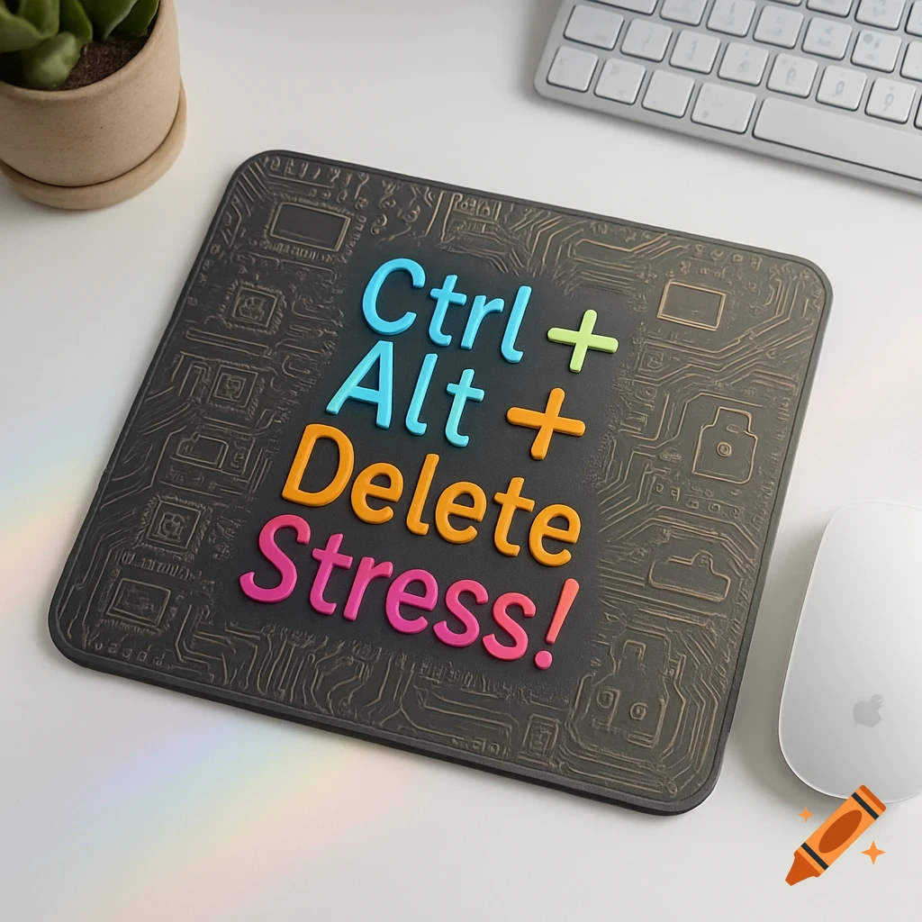 A desk setup showing a black mouse pad with colorful 3D text reading "Ctrl + Alt + Delete Stress!" alongside a white mouse and keyboard.