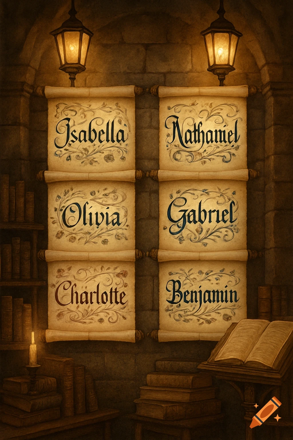 Fantasy scene with six illuminated scrolls bearing names Isabella, Nathaniel, Olivia, Gabriel, Charlotte, Benjamin on a stone wall.