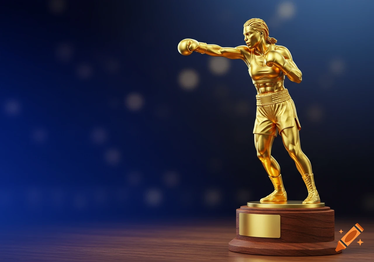 A gleaming gold trophy of a female boxer in a fighting stance on a wooden base, against a blurred dark blue background.