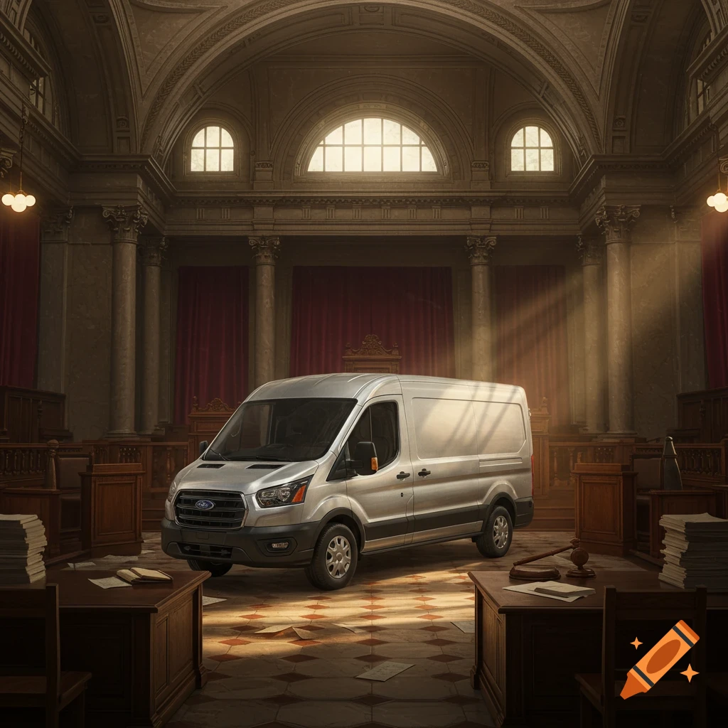 Photorealistic image of a silver Ford Transit van parked prominently in the center of a grand, ornate courtroom.
