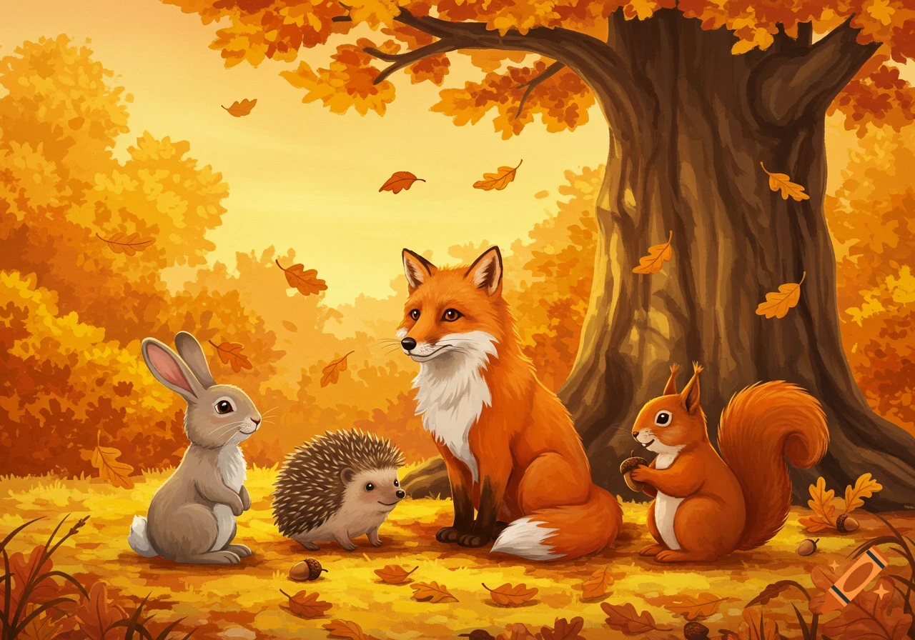 An illustration of a rabbit, hedgehog, fox, and squirrel in a vibrant autumn forest with falling leaves and a large tree.