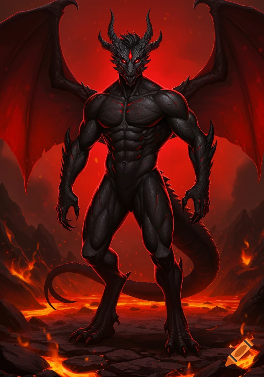 A muscular black dragon-man with glowing red eyes stands in a volcanic landscape under a red sky.